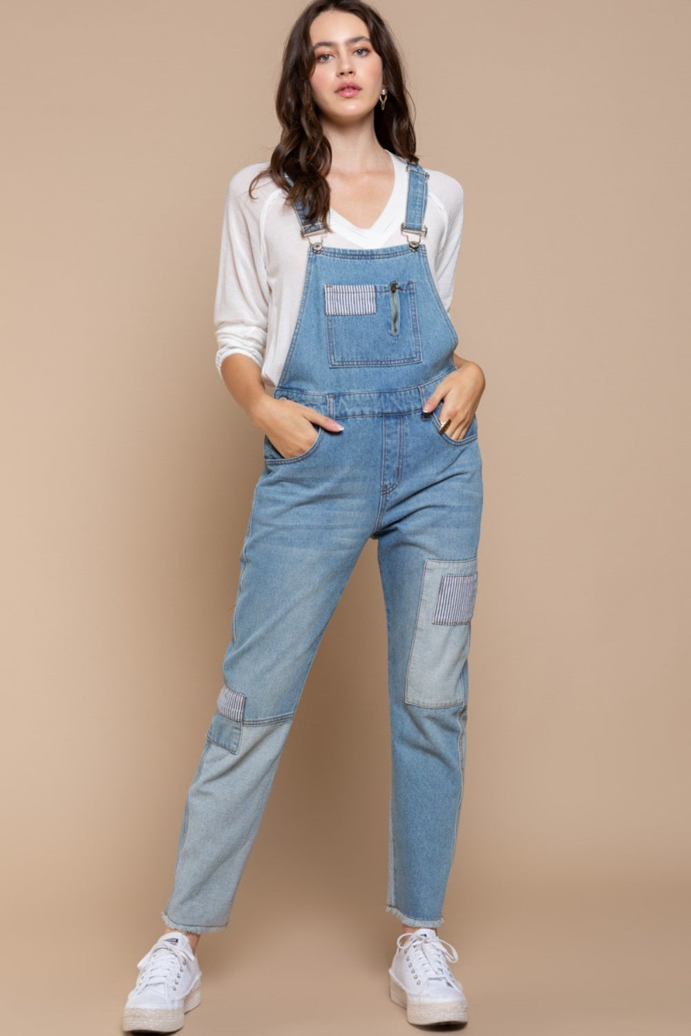 POL Front Chest Zipper Slim Leg Denim Overalls