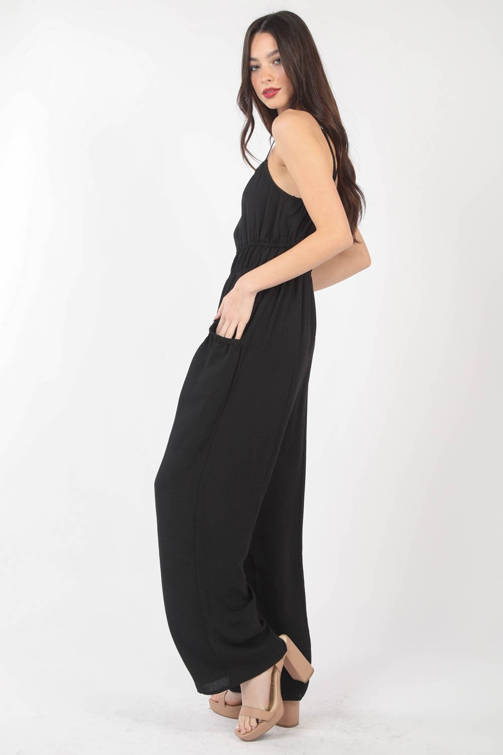 VERY J Pintuck Detail Woven Sleeveless Jumpsuit