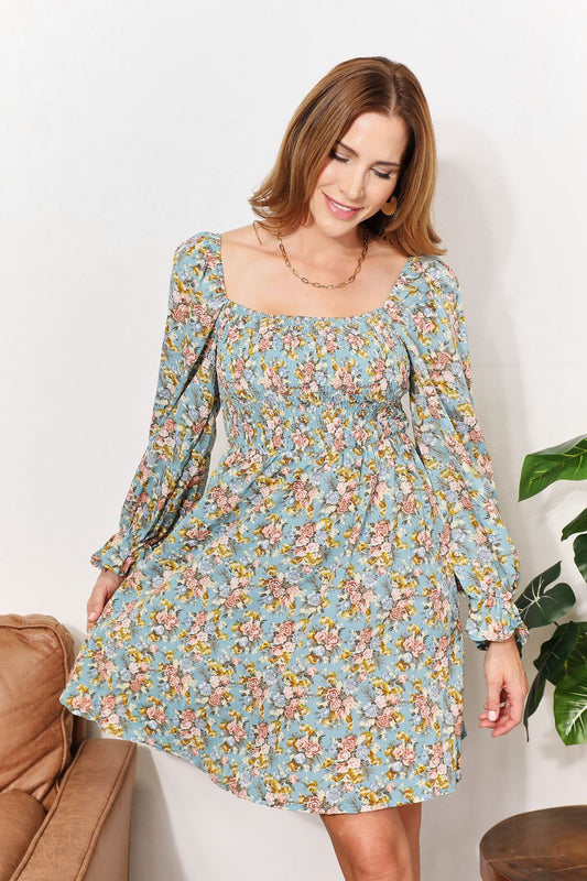 Floral Smocked Flounce Sleeve Square Neck Dress