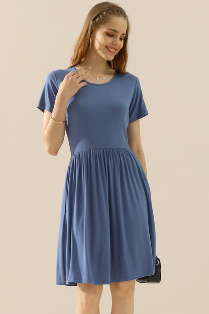 Ninexis Full Size Round Neck Ruched Dress with Pockets